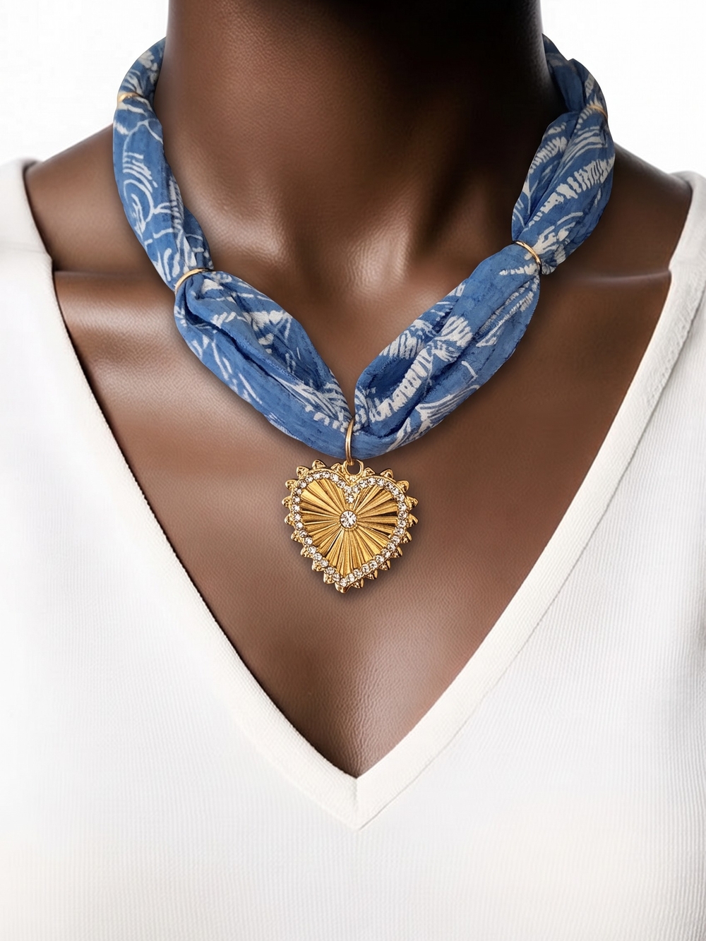 Gold Heart Pendant Necklace with Blue Fabric Cord